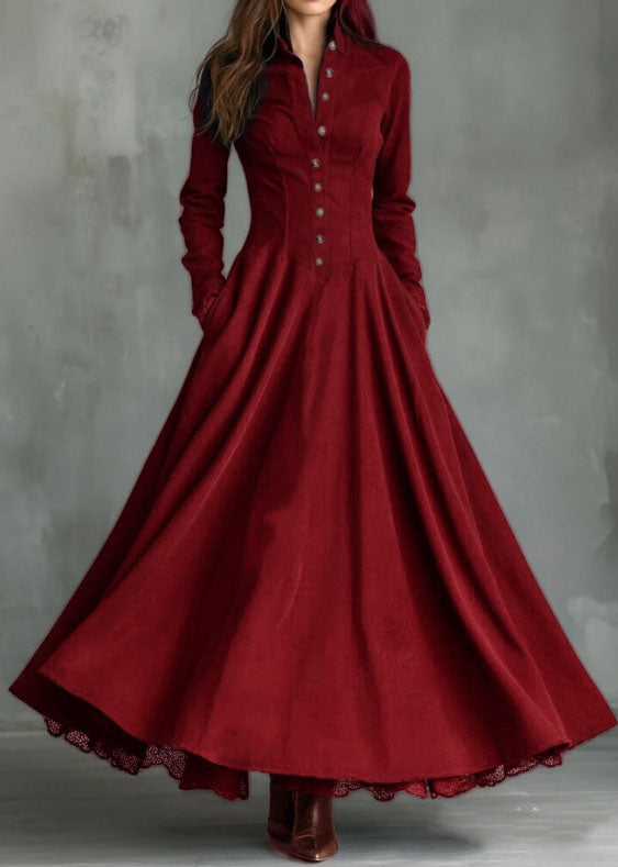 Button Front Stand Collar Lace Trim Pleated Pocket Maxi Dress - View 4