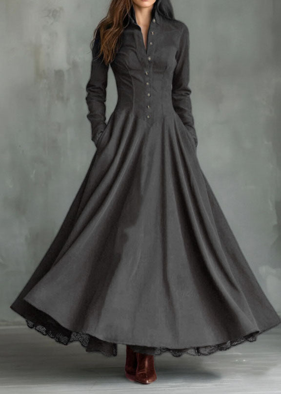Button Front Stand Collar Lace Trim Pleated Pocket Maxi Dress - View 5
