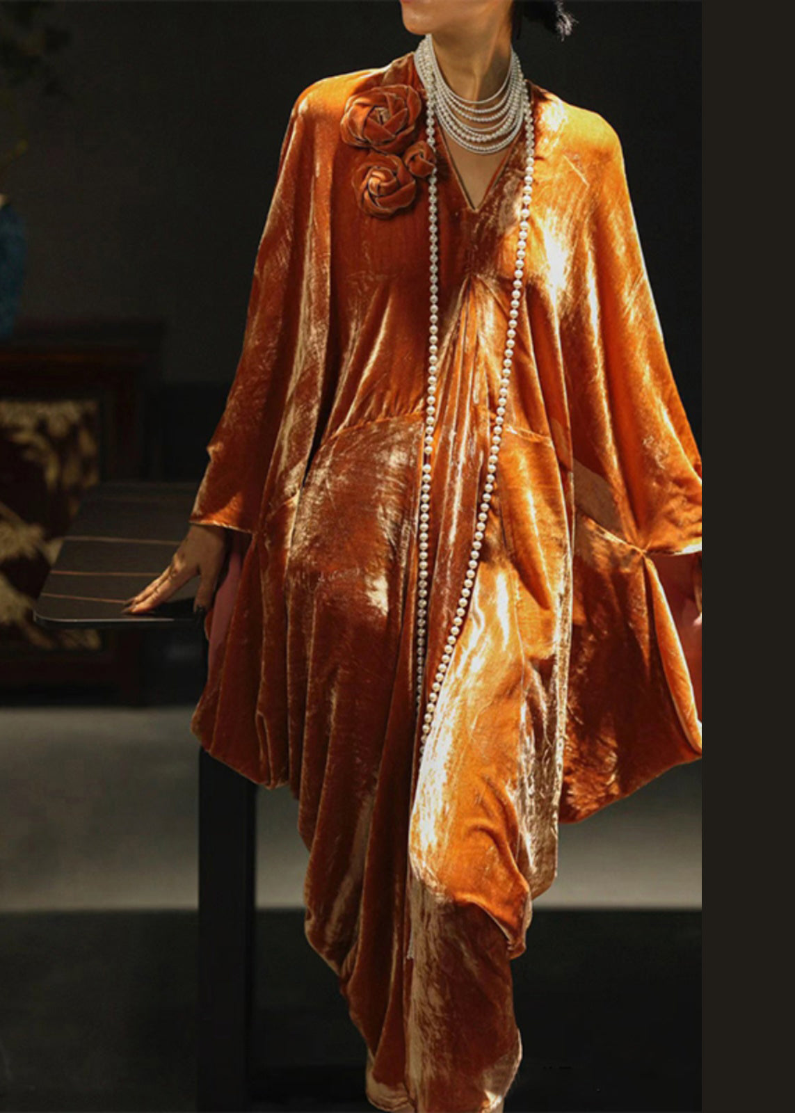 Velvet Deep V-Neck Batwing Sleeve Rosette Appliqué Maxi Gown