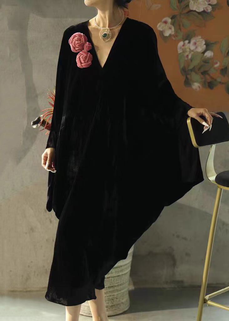 Velvet Deep V-Neck Batwing Sleeve Rosette Appliqué Maxi Gown - View 2