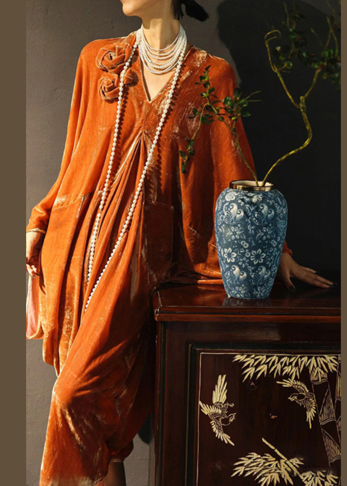Velvet Deep V-Neck Batwing Sleeve Rosette Appliqué Maxi Gown - View 4