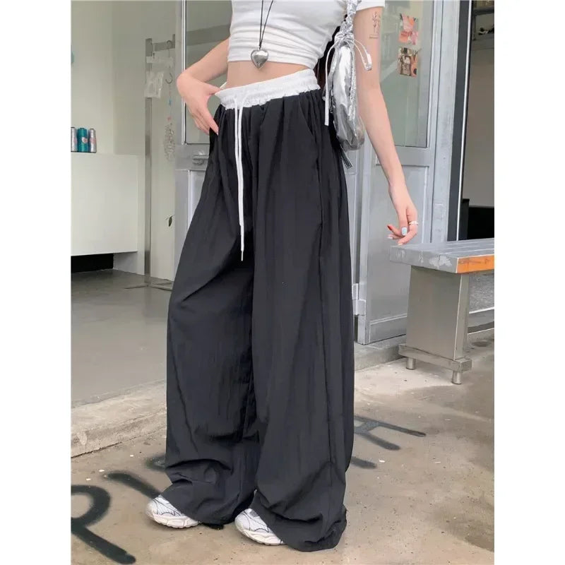 Patchwork Wide Leg Casual Drape Straight Pant