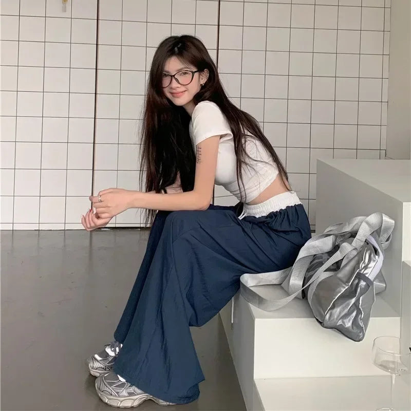 Patchwork Wide Leg Casual Drape Straight Pant