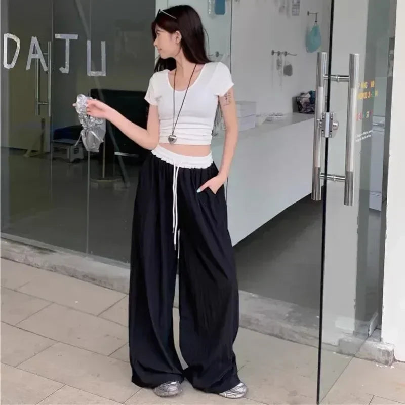 Patchwork Wide Leg Casual Drape Straight Pant