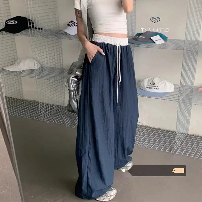 Patchwork Wide Leg Casual Drape Straight Pant
