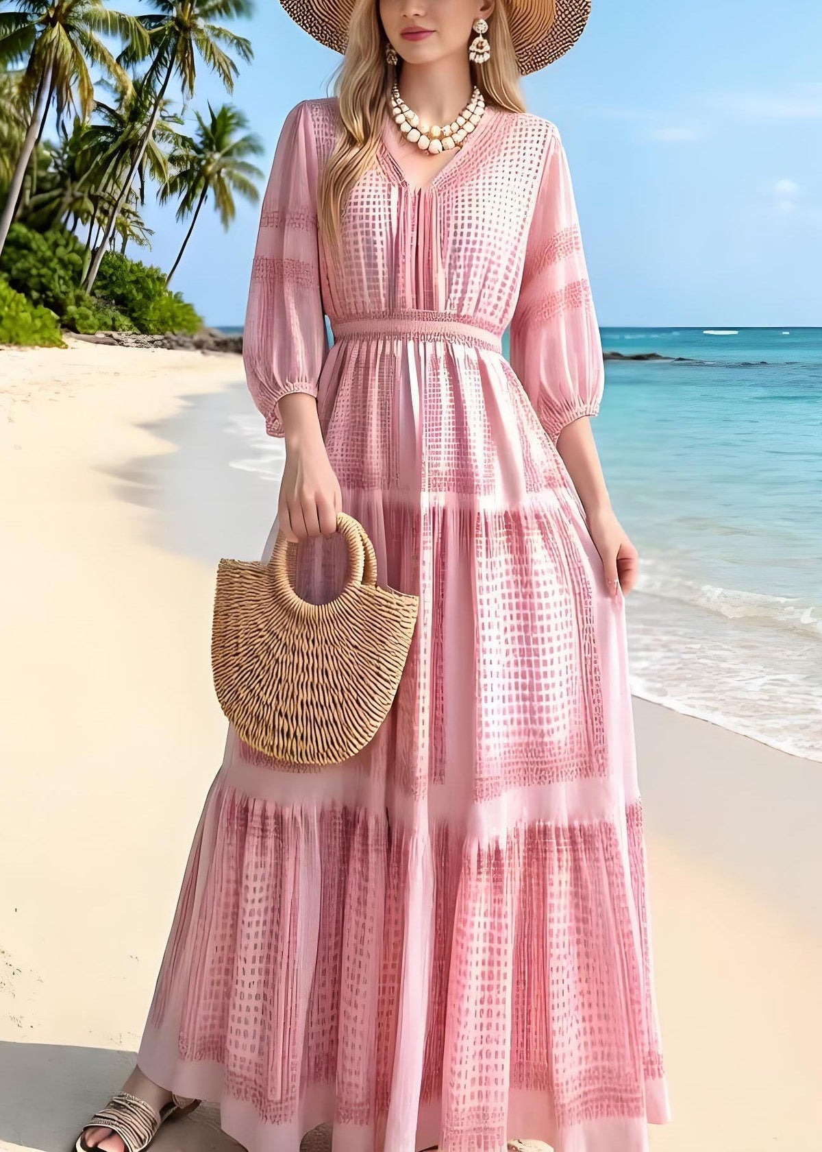 V-Neck Smocked Waist Geometric Print Tiered Maxi Summer Dress