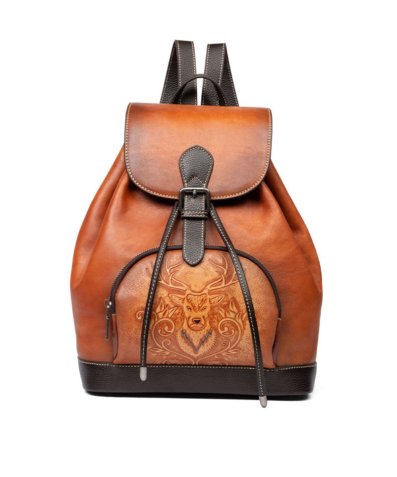 Leather Bag Capacity Backpack Brown Retro Large Calf
