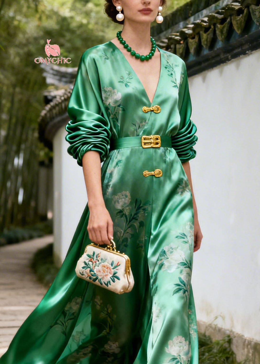 Floral Print Frog Button V-Neck Ruched Puff Sleeve Maxi Gown - View 2