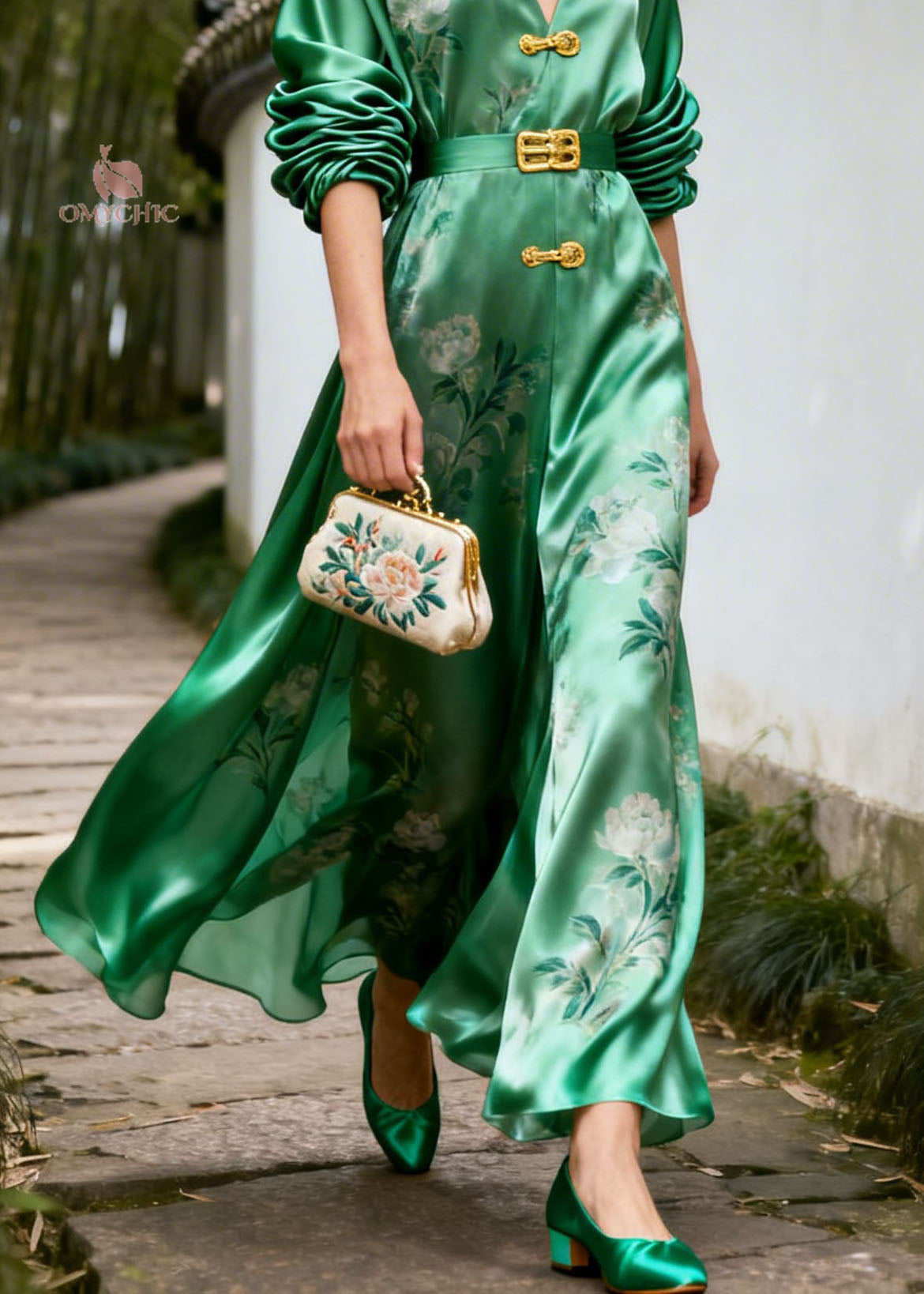 Floral Print Frog Button V-Neck Ruched Puff Sleeve Maxi Gown - View 4