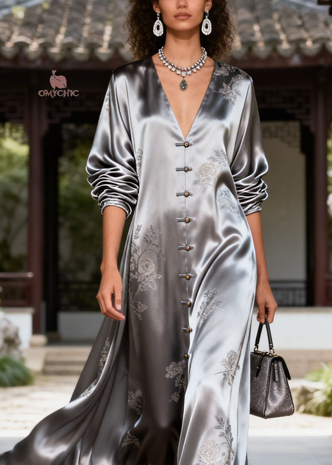 Satin Deep V-Neck Long Sleeve Button Front Floral Embroidery Maxi Gown - View 2
