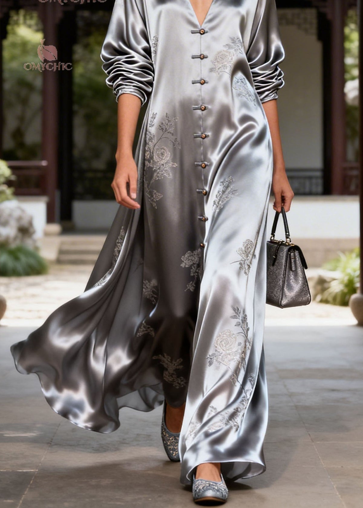 Satin Deep V-Neck Long Sleeve Button Front Floral Embroidery Maxi Gown - View 4