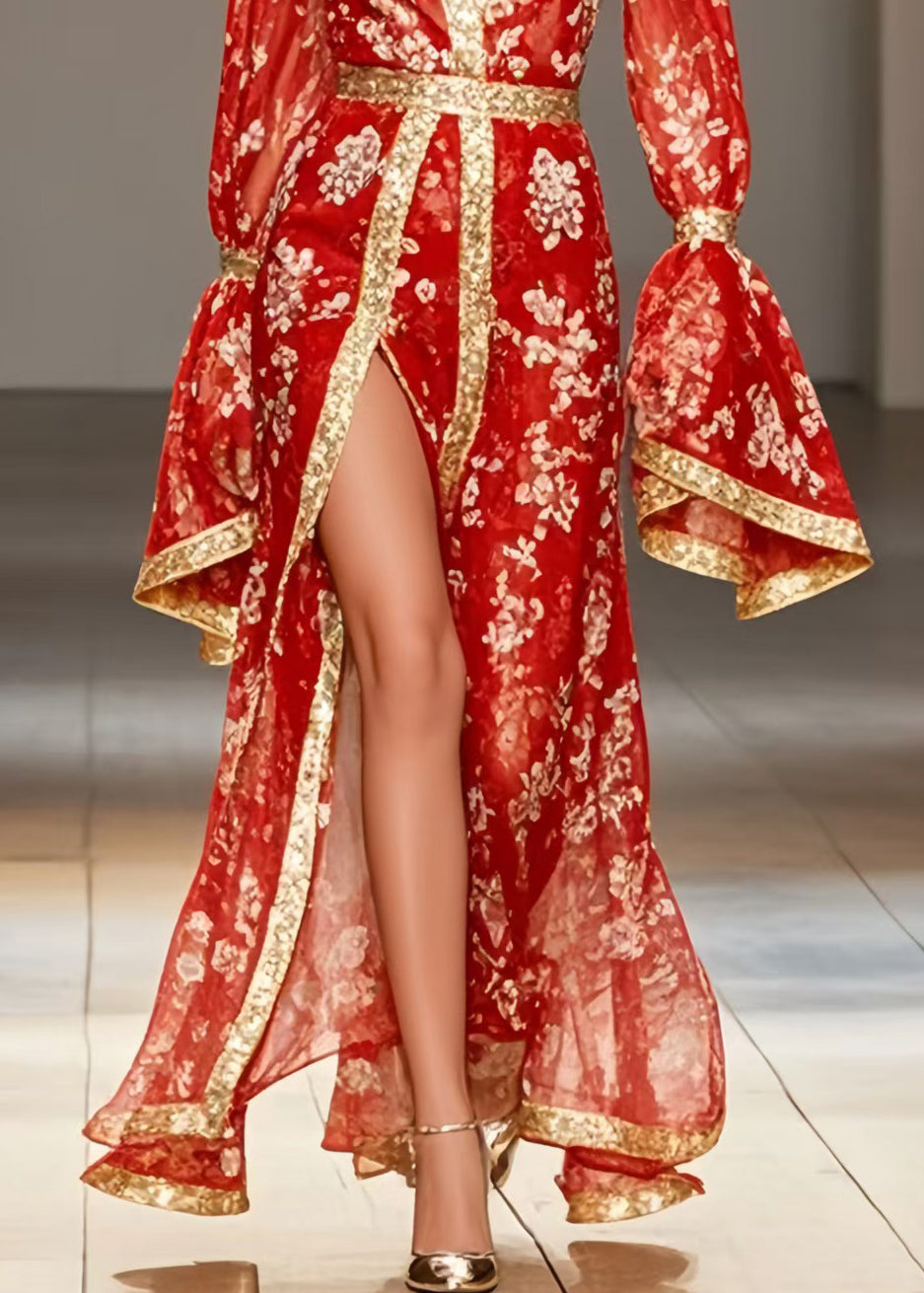Floral Print Chiffon Deep V-Neck Bell Sleeve Metallic Maxi Gown - View 4