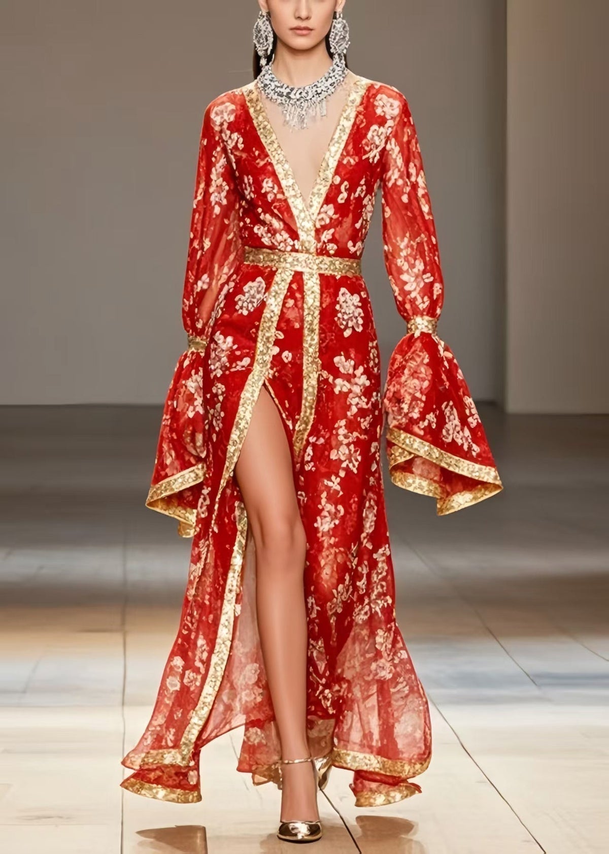 Floral Print Chiffon Deep V-Neck Bell Sleeve Metallic Maxi Gown - View 5