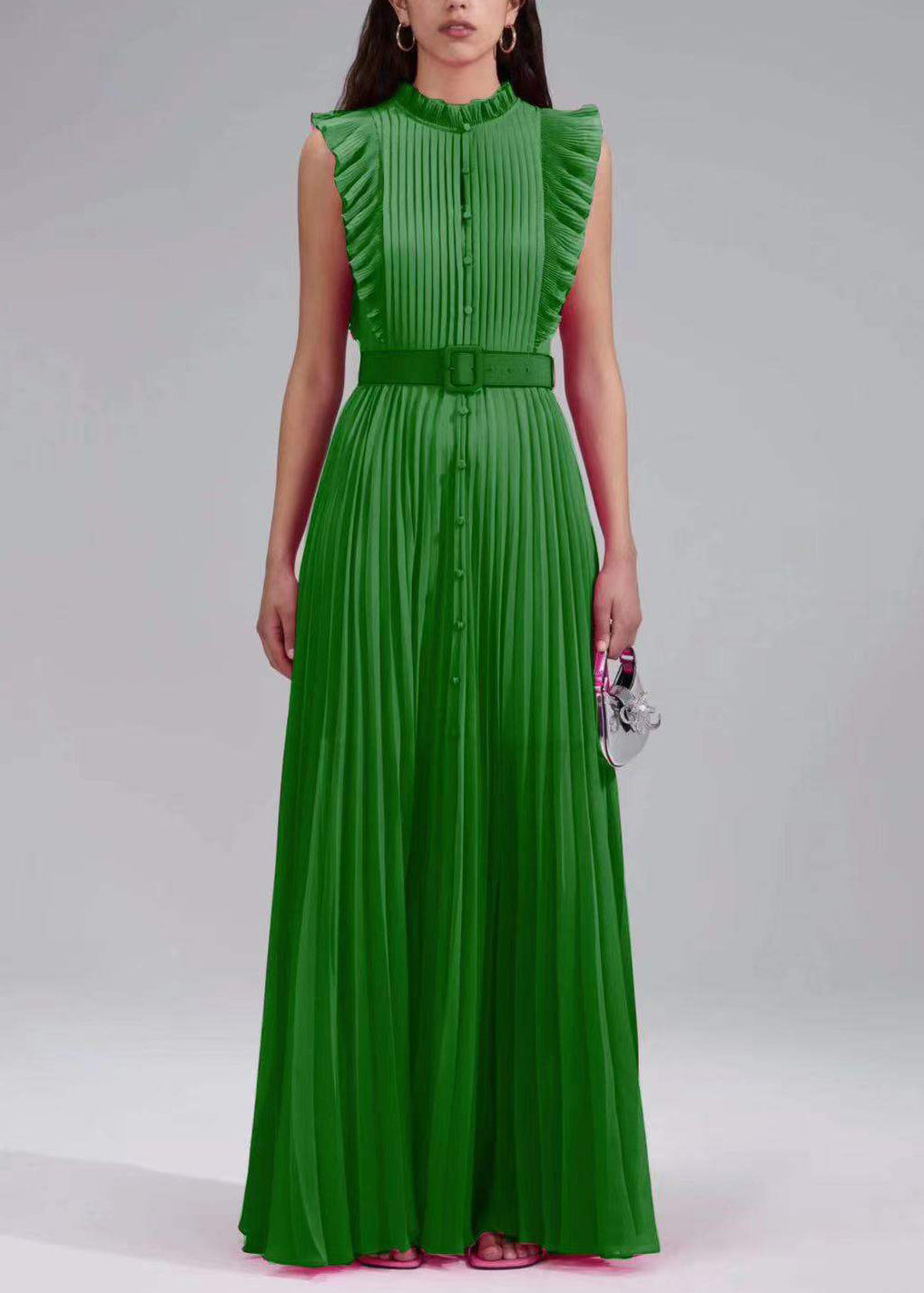 New Rose Ruffled Button Sashes Chiffon Maxi Dresses Sleeveless - View 2