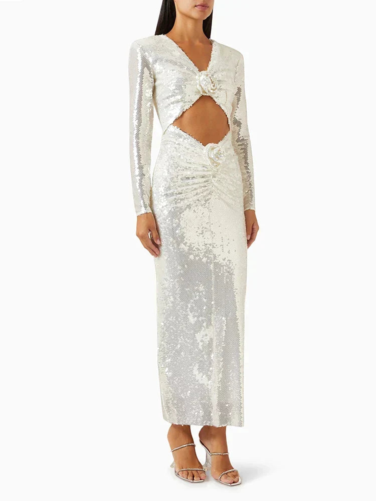 Sequin Plunge Long Sleeve Cut Out Rosette Gown