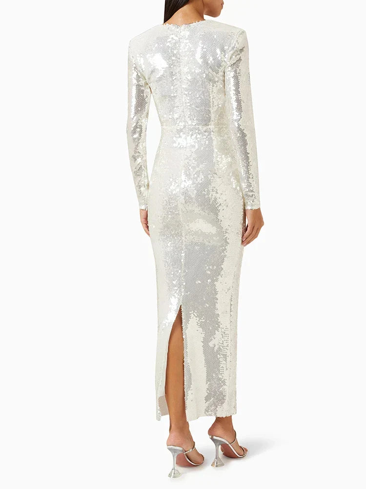 Sequin Plunge Long Sleeve Cut Out Rosette Gown