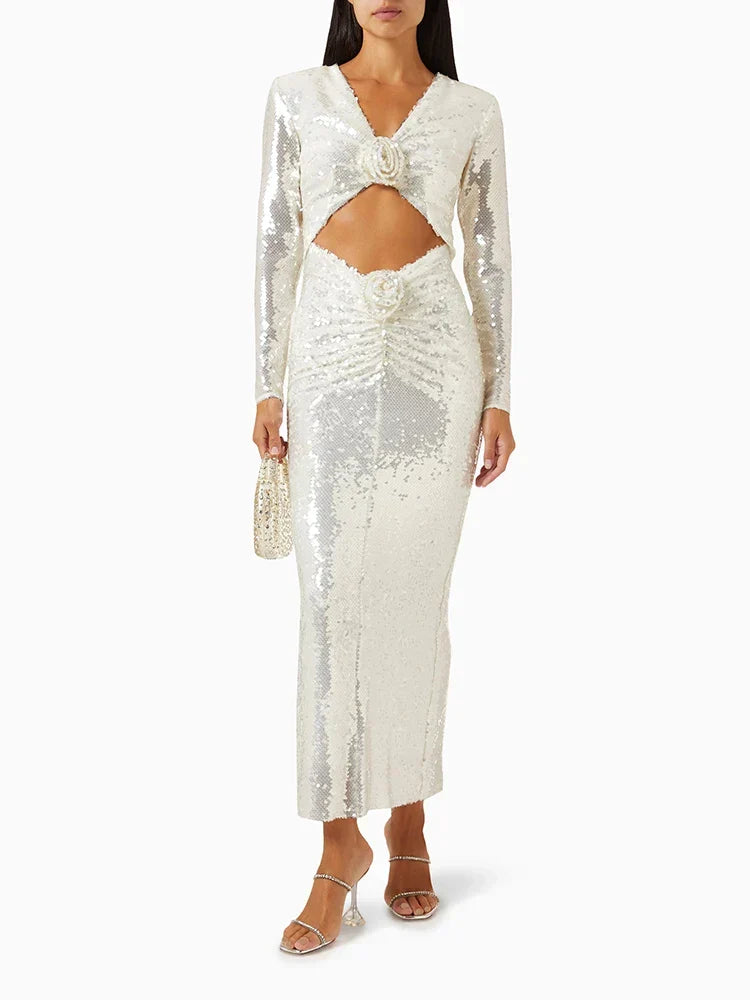 Sequin Plunge Long Sleeve Cut Out Rosette Gown