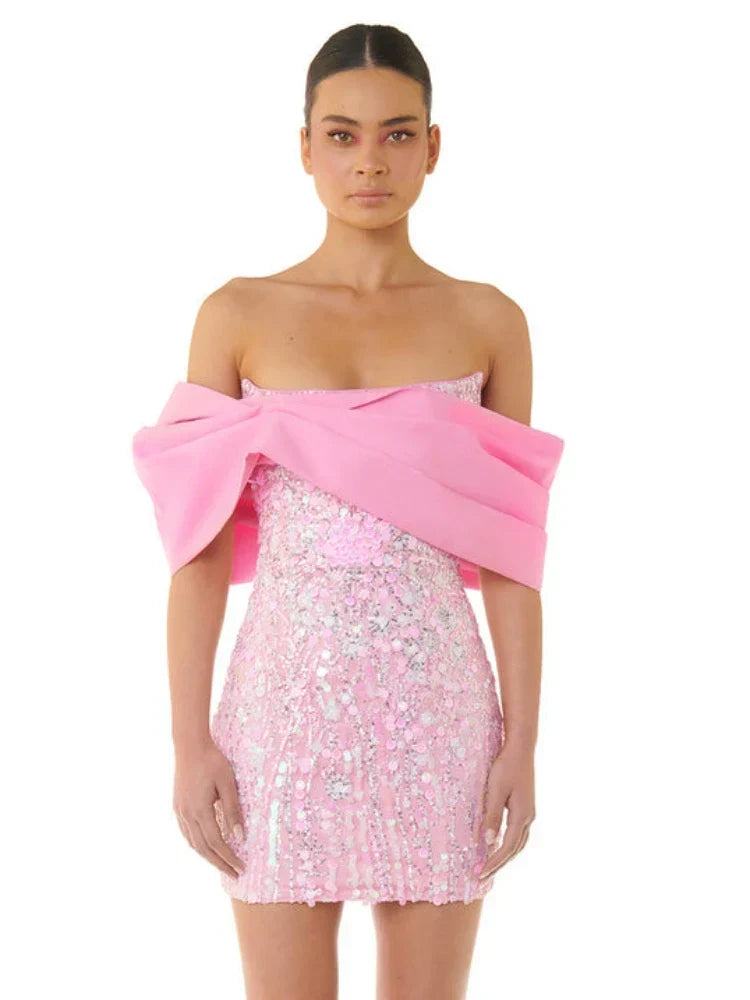 New Sexy Off Shoulder Sequins Pink Slash Neck Sparkly Elegant Party Dress