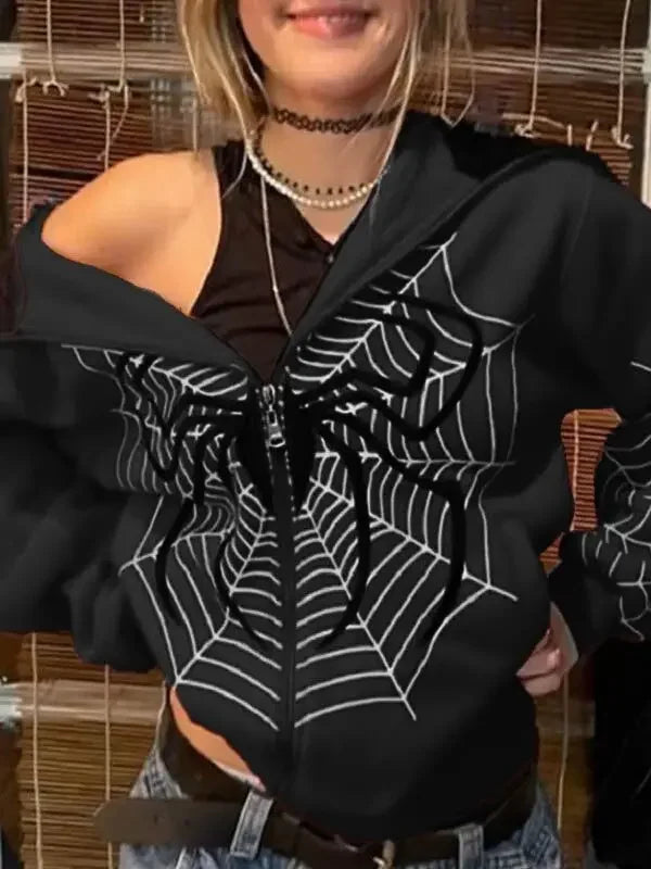 Spider Web Red Sweatshirt Zipper Warm Punk Grunge Y2K Hoody 2