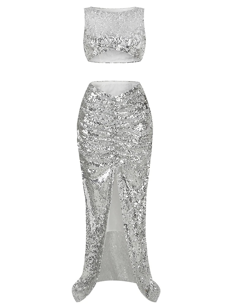 Summer Silver Sequins Two-Piece Set Sleeveless Skirt Party Dress 7