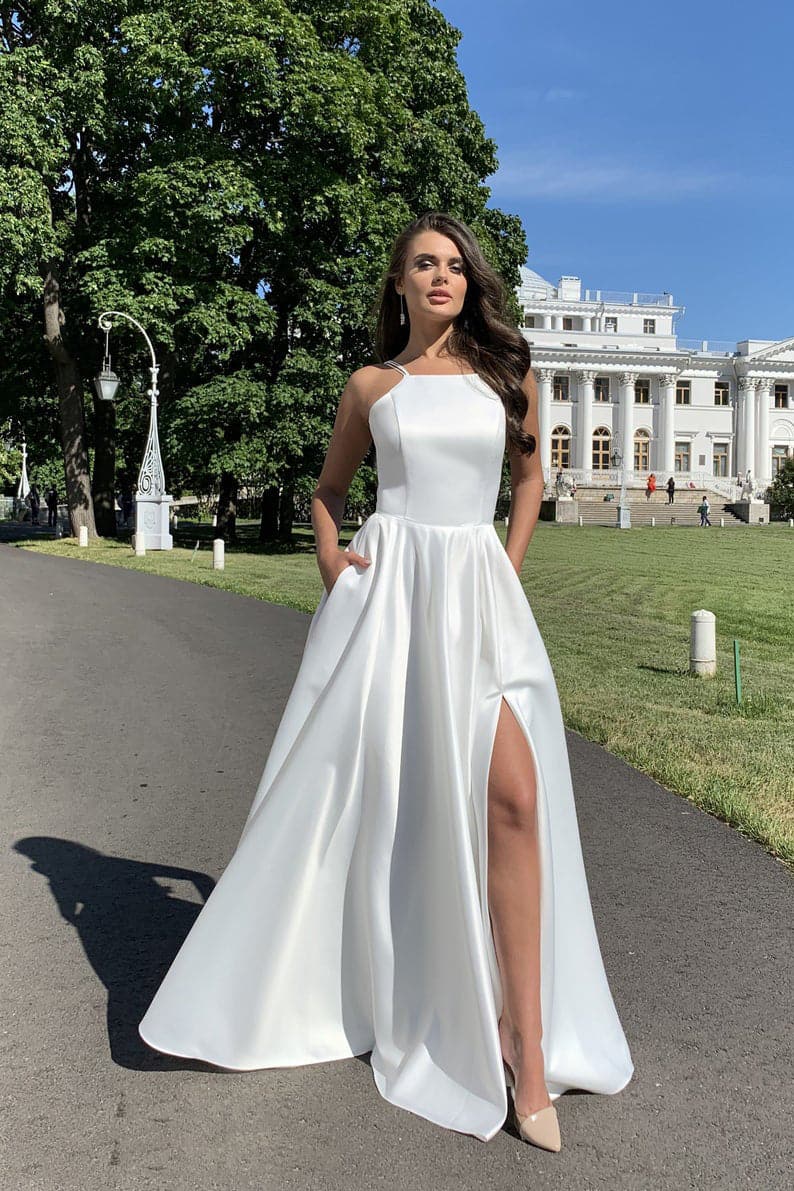 Satin Square Neck High Split A-Line Maxi Dress