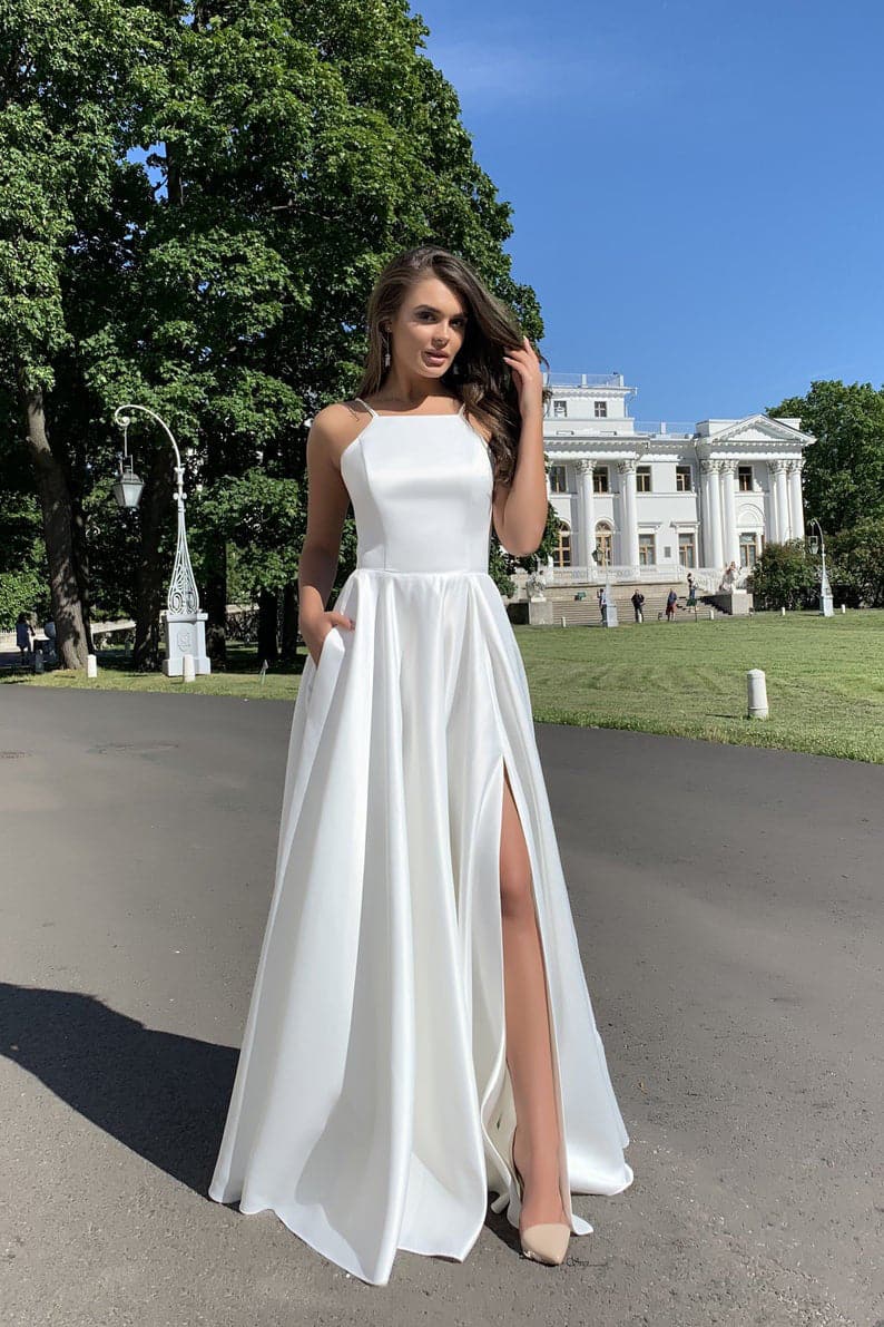 Satin Square Neck High Split A-Line Maxi Dress - View 2