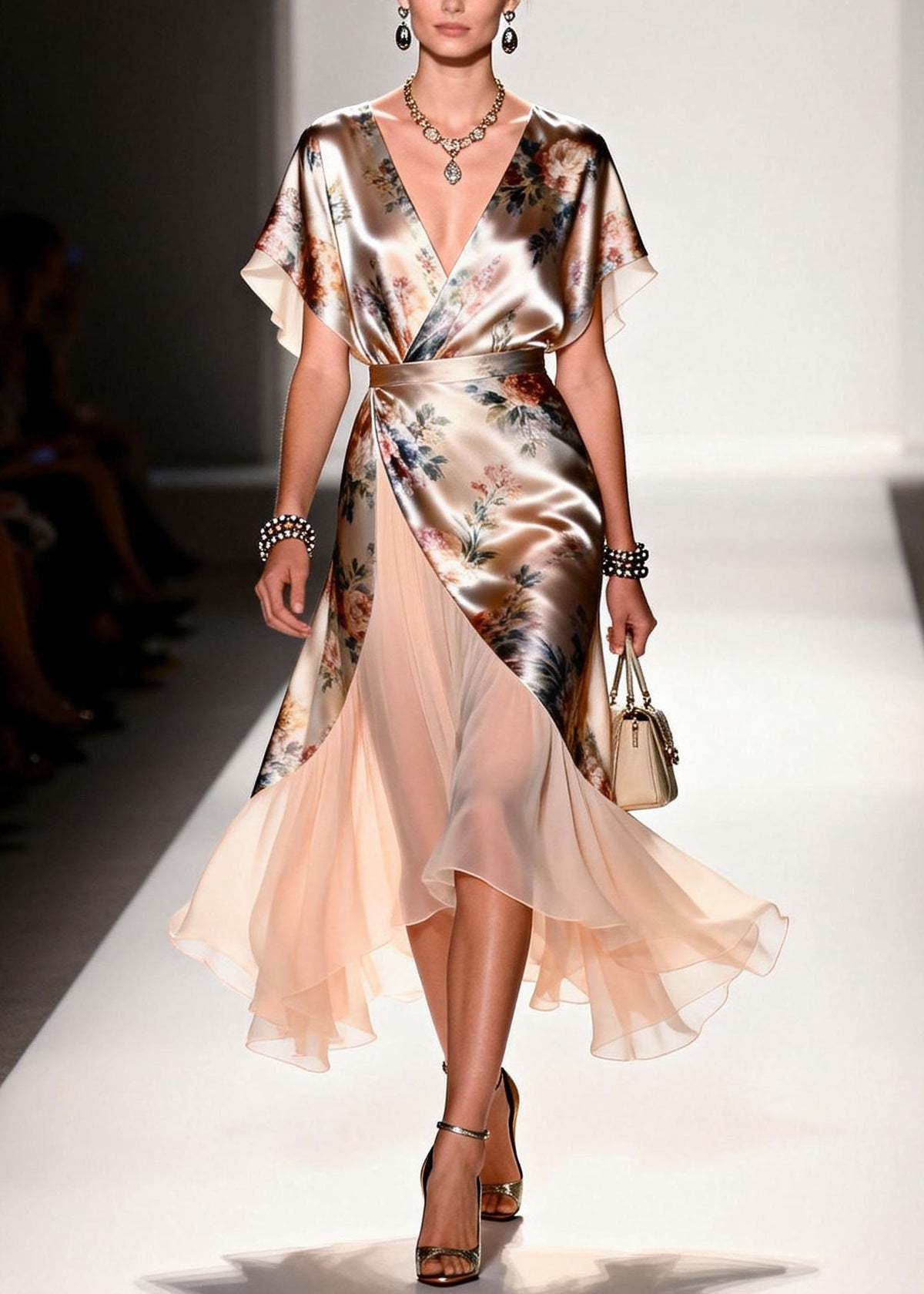 Floral Print Deep V-Neck Butterfly Sleeve Wrap Ruffle Hem Midi Dress - View 3