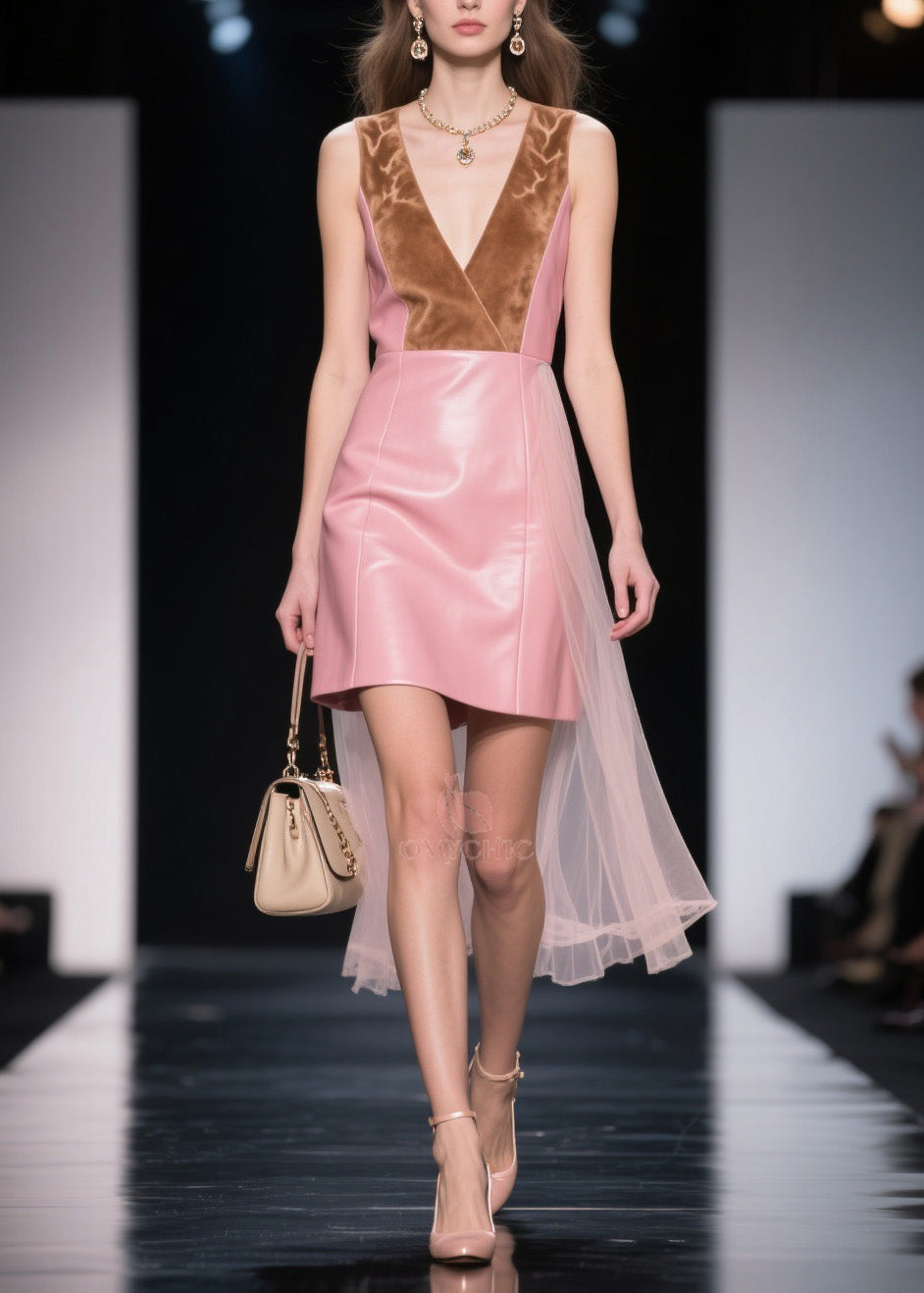 V-Neck Sleeveless Faux Leather Velvet Trim Tulle Train Mini Dress