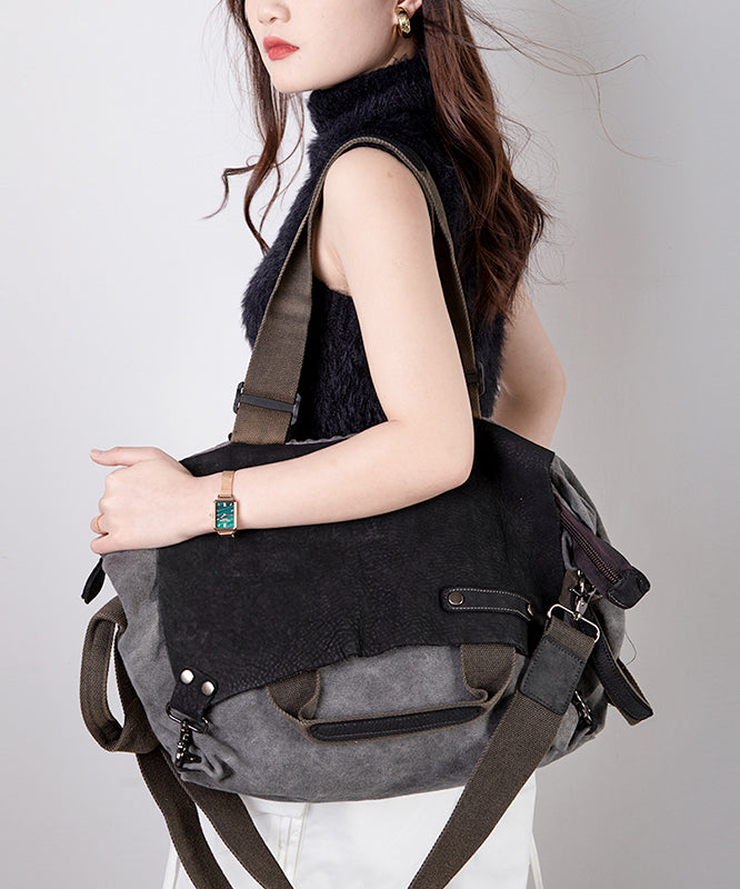 Versatile Large Capacity Calf Leather Patchwork Canvas Satchel Bag Handbag
