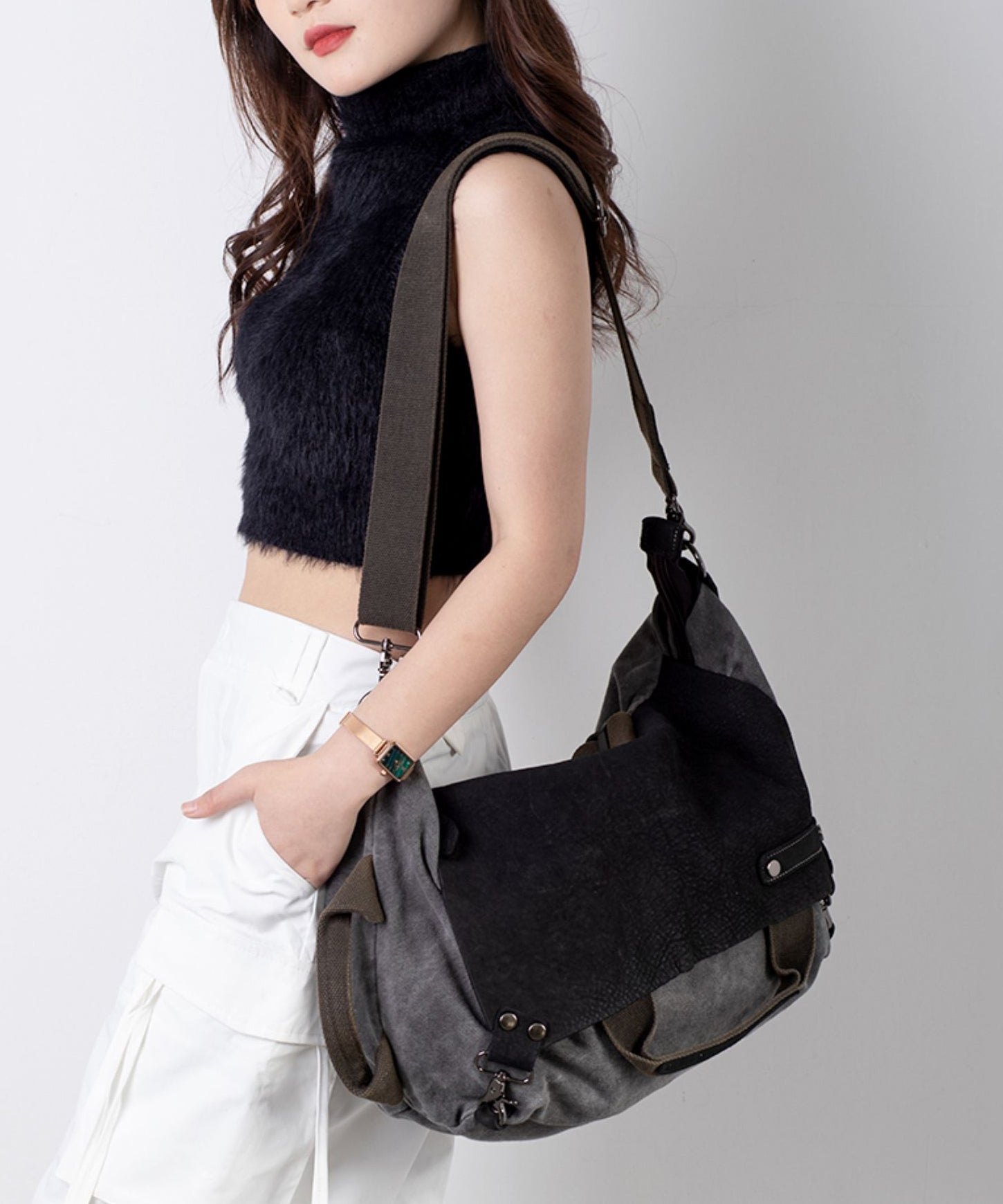 Versatile Large Capacity Calf Leather Patchwork Canvas Satchel Bag Handbag