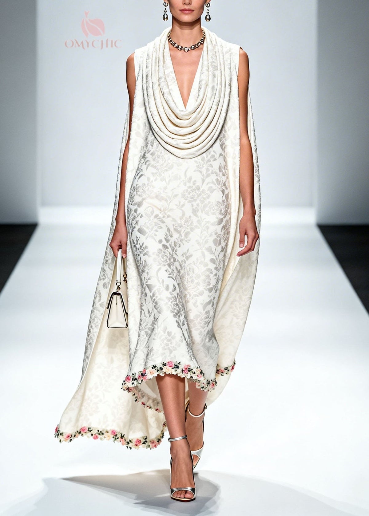 Jacquard Cowl Collar Cape Sleeveless Floral Applique Hem Midi Dress - View 3