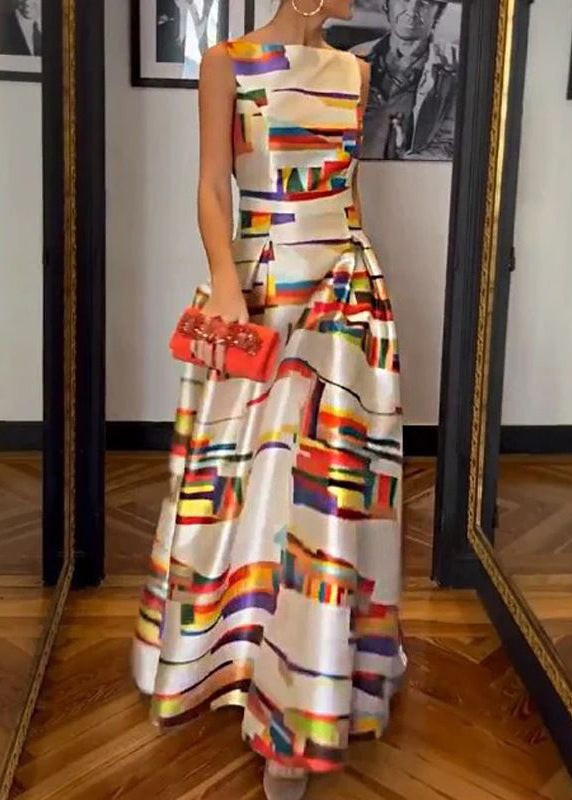 Satin Abstract Brushstroke Print Boat Neck Pleated Maxi Gown