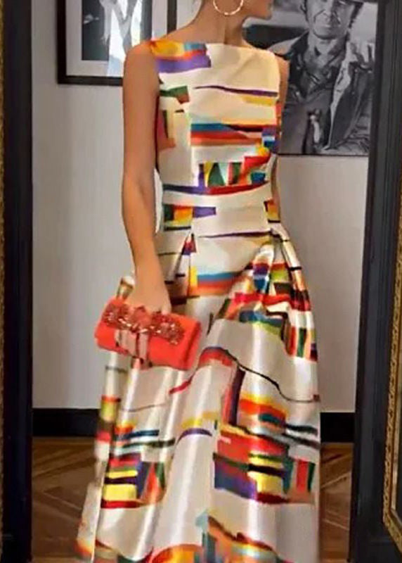 Satin Abstract Brushstroke Print Boat Neck Pleated Maxi Gown - View 2