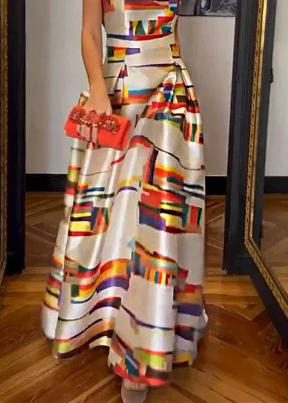 Satin Abstract Brushstroke Print Boat Neck Pleated Maxi Gown - View 3