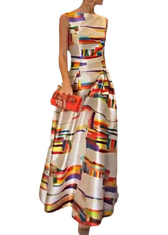 Satin Abstract Brushstroke Print Boat Neck Pleated Maxi Gown - View 5