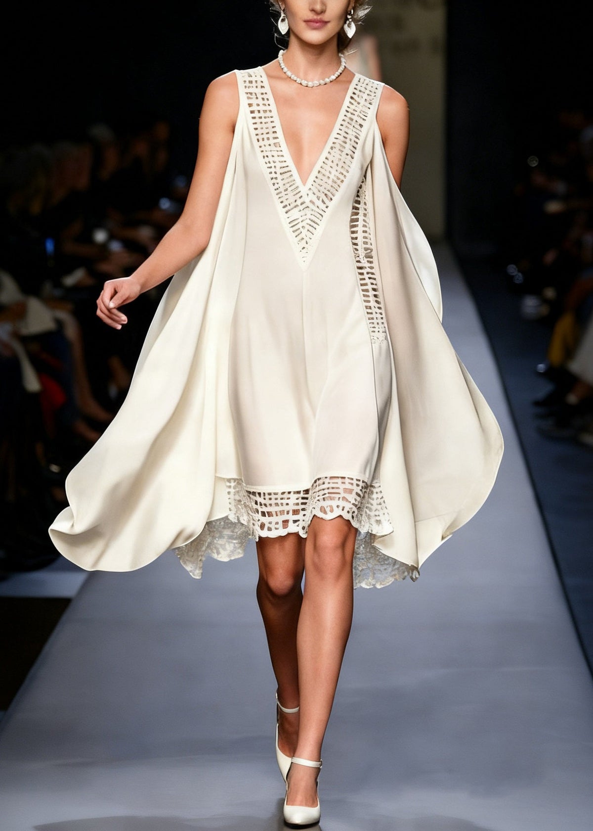 Deep V-Neck Sleeveless Lace Panel Chiffon Mini Dress