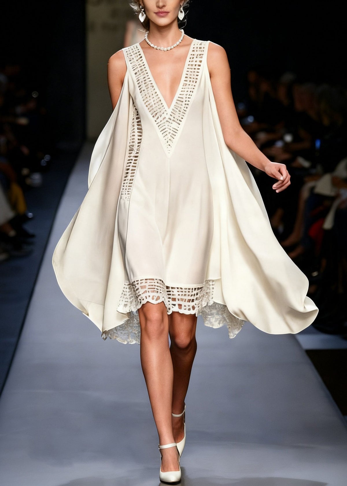 Deep V-Neck Sleeveless Lace Panel Chiffon Mini Dress - View 3
