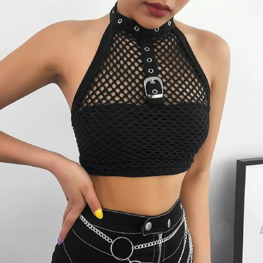 Gothic Fishnet Party Cami Choker Halter Crop Top - Fashionpara