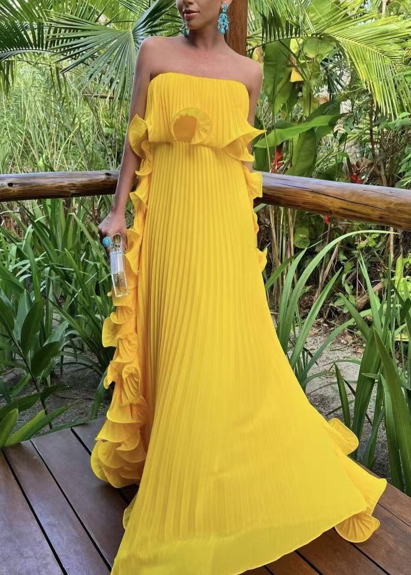 Chiffon Strapless Pleated Ruffle Side Panel Flowy Maxi Dress