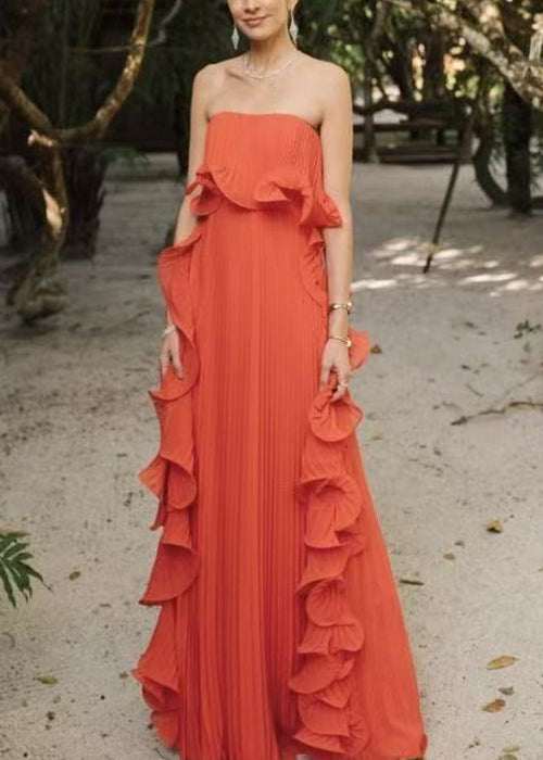 Chiffon Strapless Pleated Ruffle Side Panel Flowy Maxi Dress - View 2
