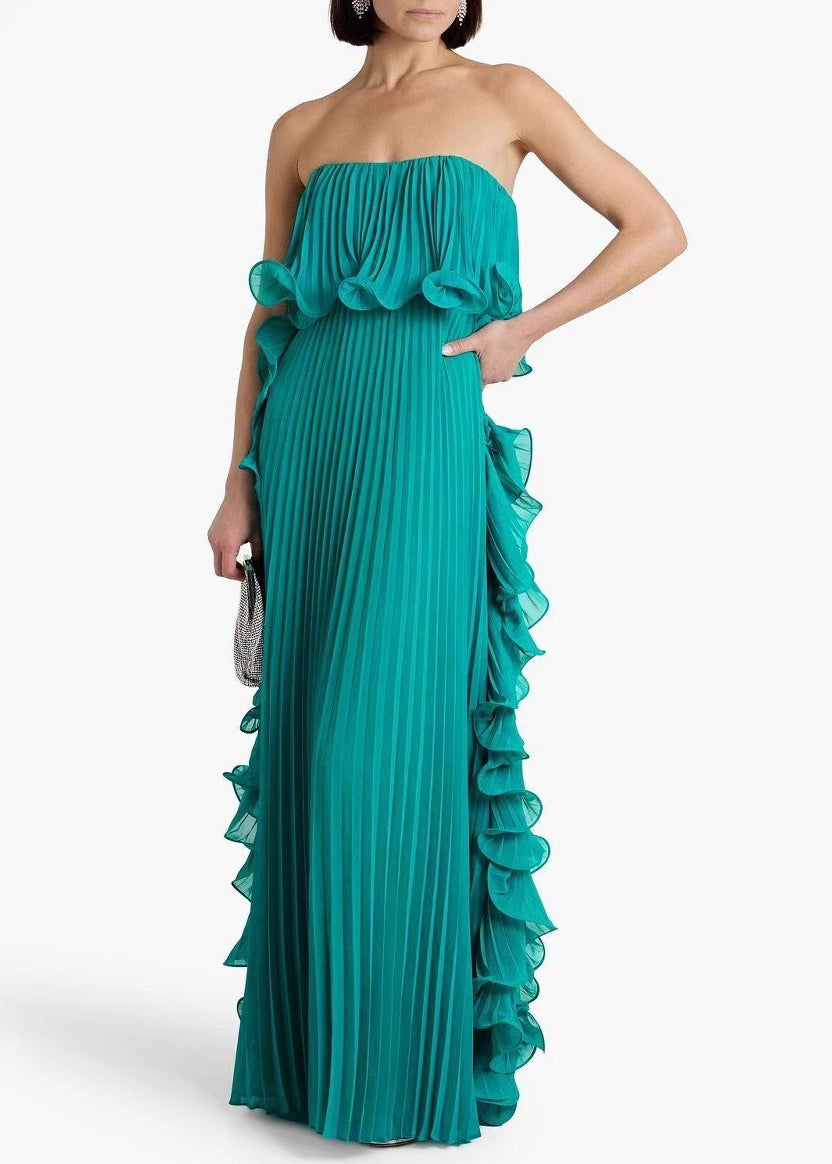 Chiffon Strapless Pleated Ruffle Side Panel Flowy Maxi Dress - View 4