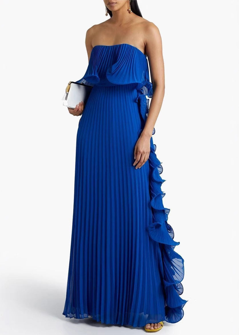 Chiffon Strapless Pleated Ruffle Side Panel Flowy Maxi Dress - View 5