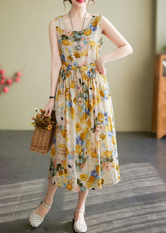 Floral Print Round Neck Drawstring Tie Waist A-Line Midi Dress