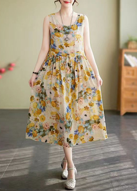 Floral Print Round Neck Drawstring Tie Waist A-Line Midi Dress - View 2