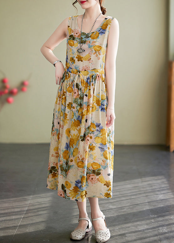 Floral Print Round Neck Drawstring Tie Waist A-Line Midi Dress - View 3