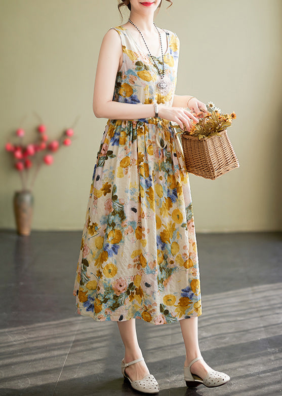 Floral Print Round Neck Drawstring Tie Waist A-Line Midi Dress - View 4