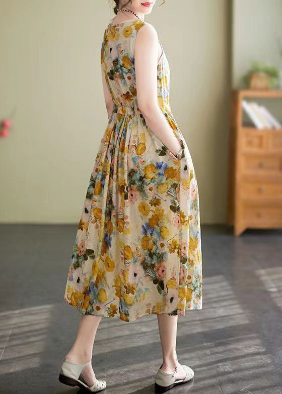 Floral Print Round Neck Drawstring Tie Waist A-Line Midi Dress - View 5