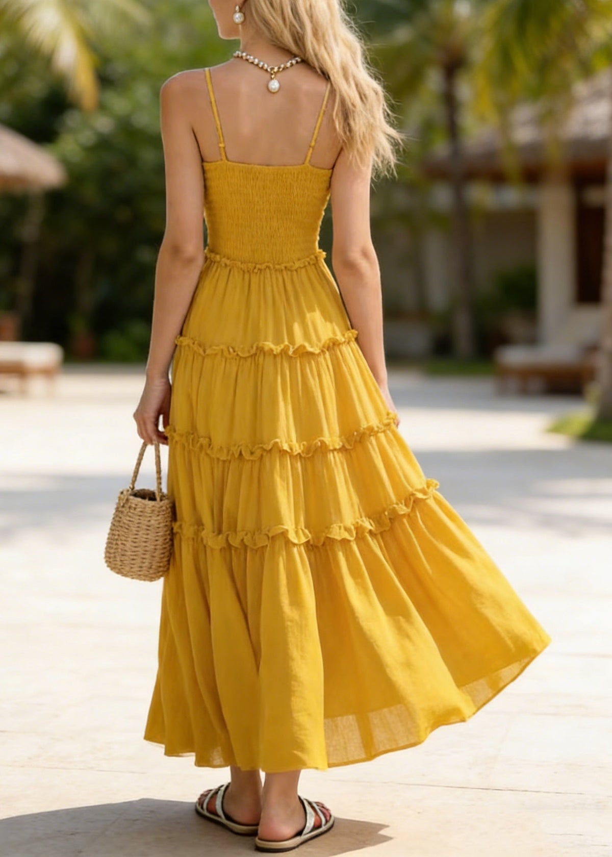 New Yellow Ruffled Patchwork Chiffon Spaghetti Strap Dress Summer - View 2