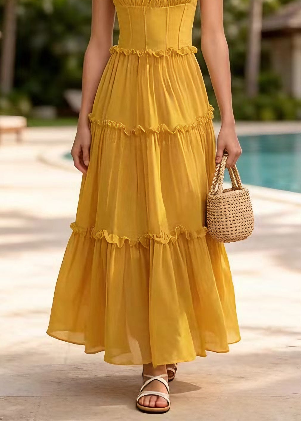 New Yellow Ruffled Patchwork Chiffon Spaghetti Strap Dress Summer - View 4