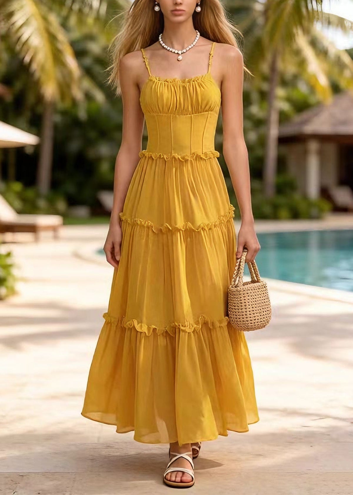 New Yellow Ruffled Patchwork Chiffon Spaghetti Strap Dress Summer - View 5